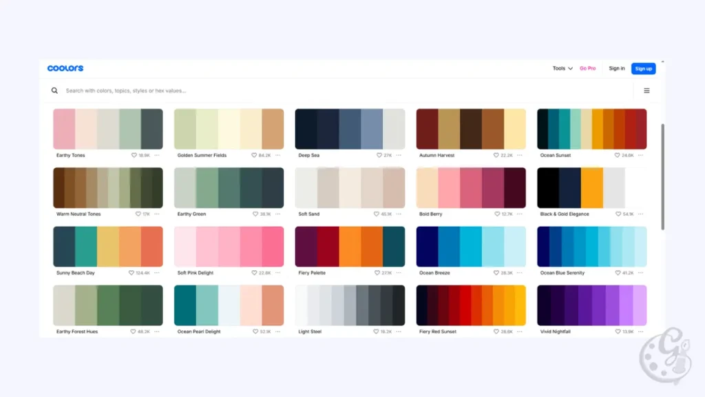AI-generated color palettes from Coolors with notes on accessibility contrast issues