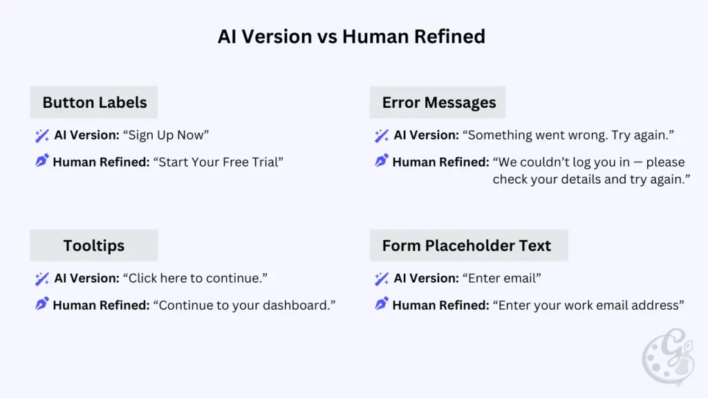 AI vs Human UX microcopy comparison — button labels, error messages, tooltips, and placeholder text