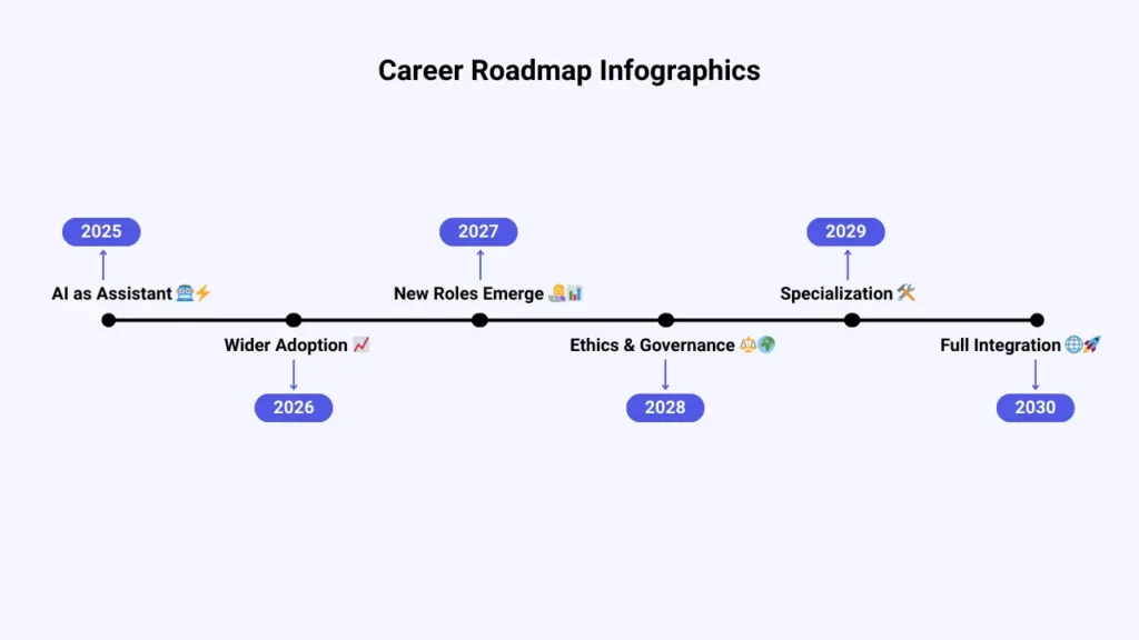 Timeline of UX design future with AI from 2025 to 2030.